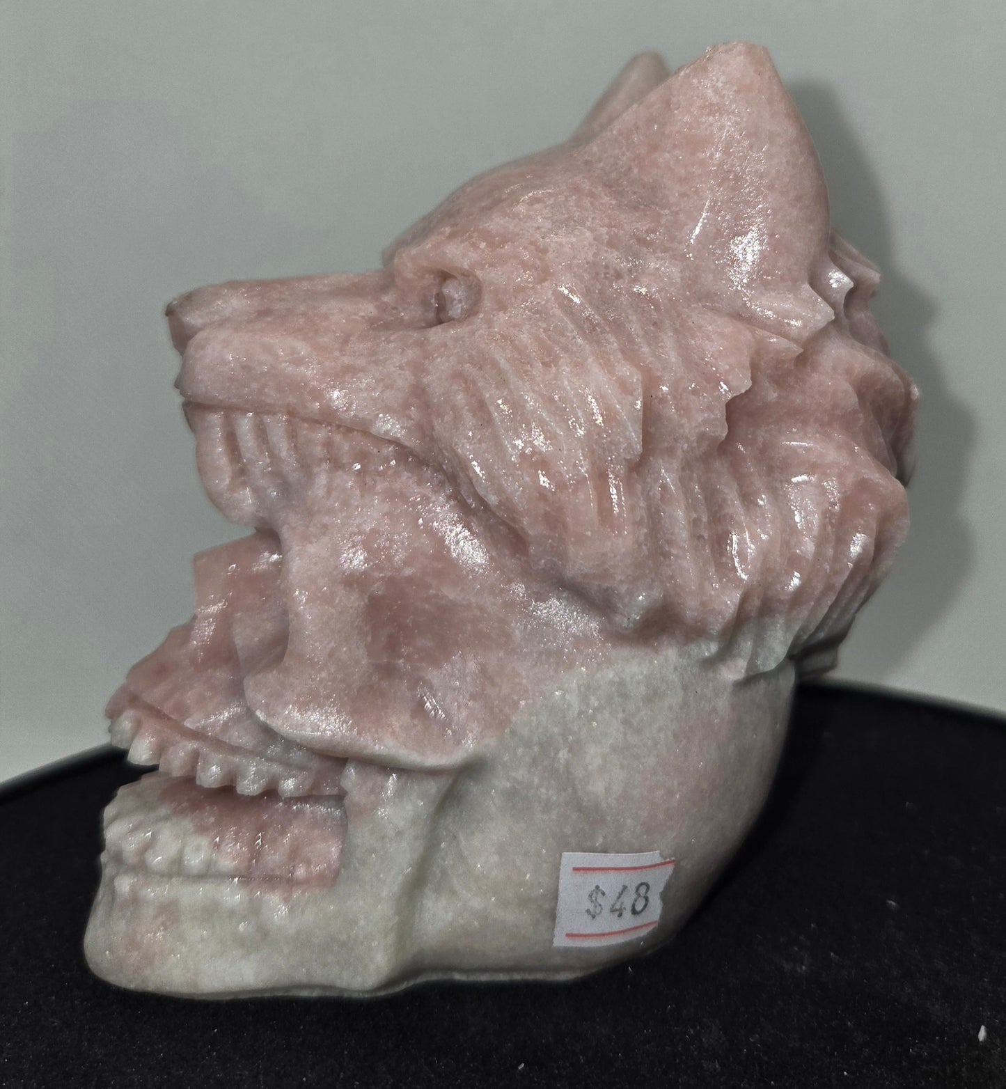 Pink Opal Skull With Wolf
