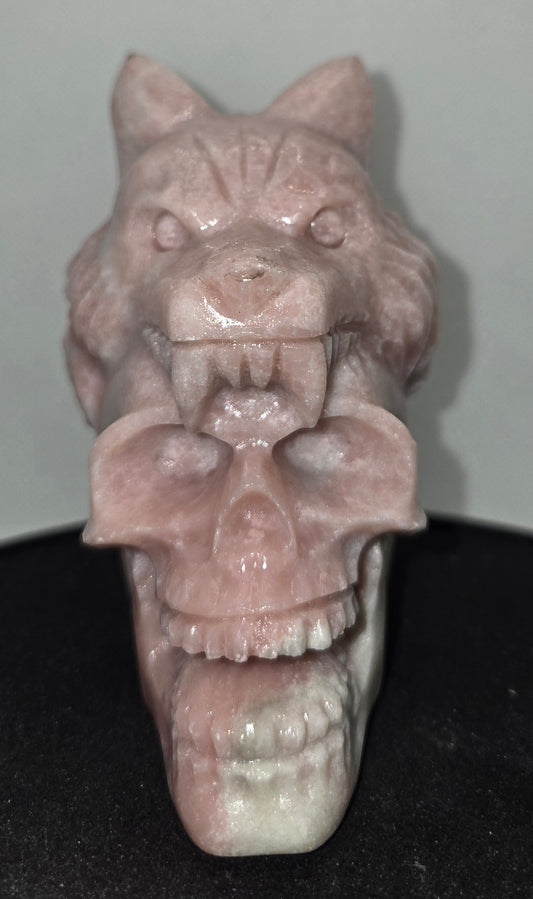 Pink Opal Skull With Wolf