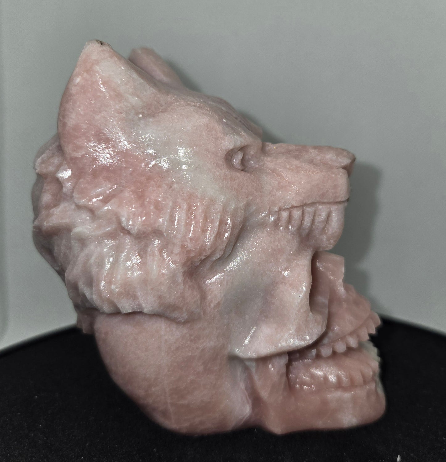 Pink Opal Skull With Wolf